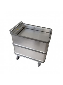 Trolley with movable bottom on wheels and brakes