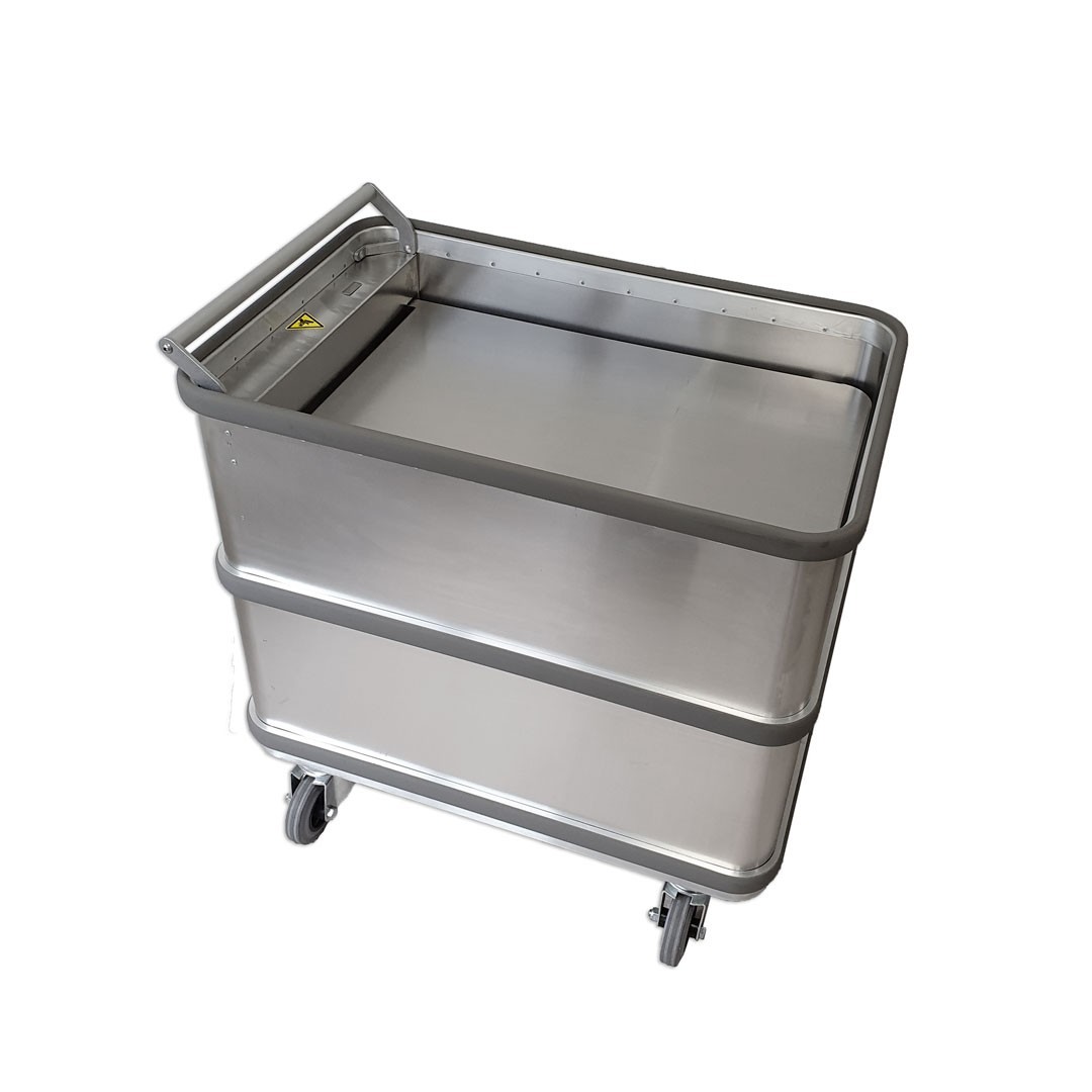 Trolley with movable bottom on wheels and brakes