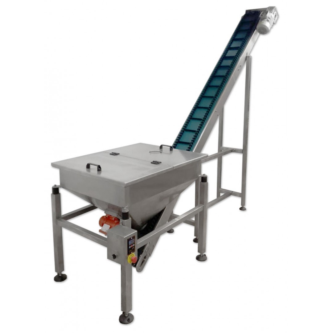 Bucket loader on conveyor.