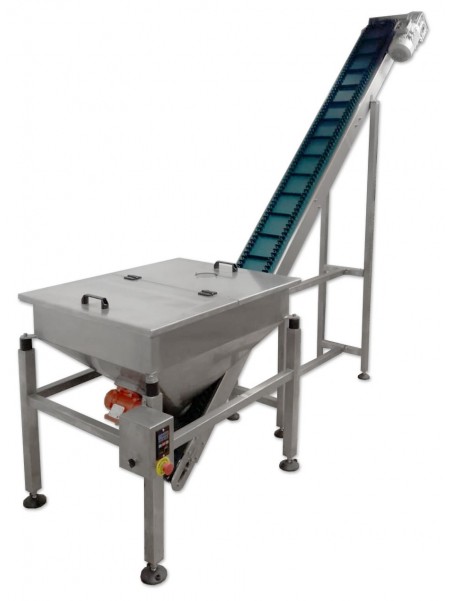 Bucket loader on conveyor.